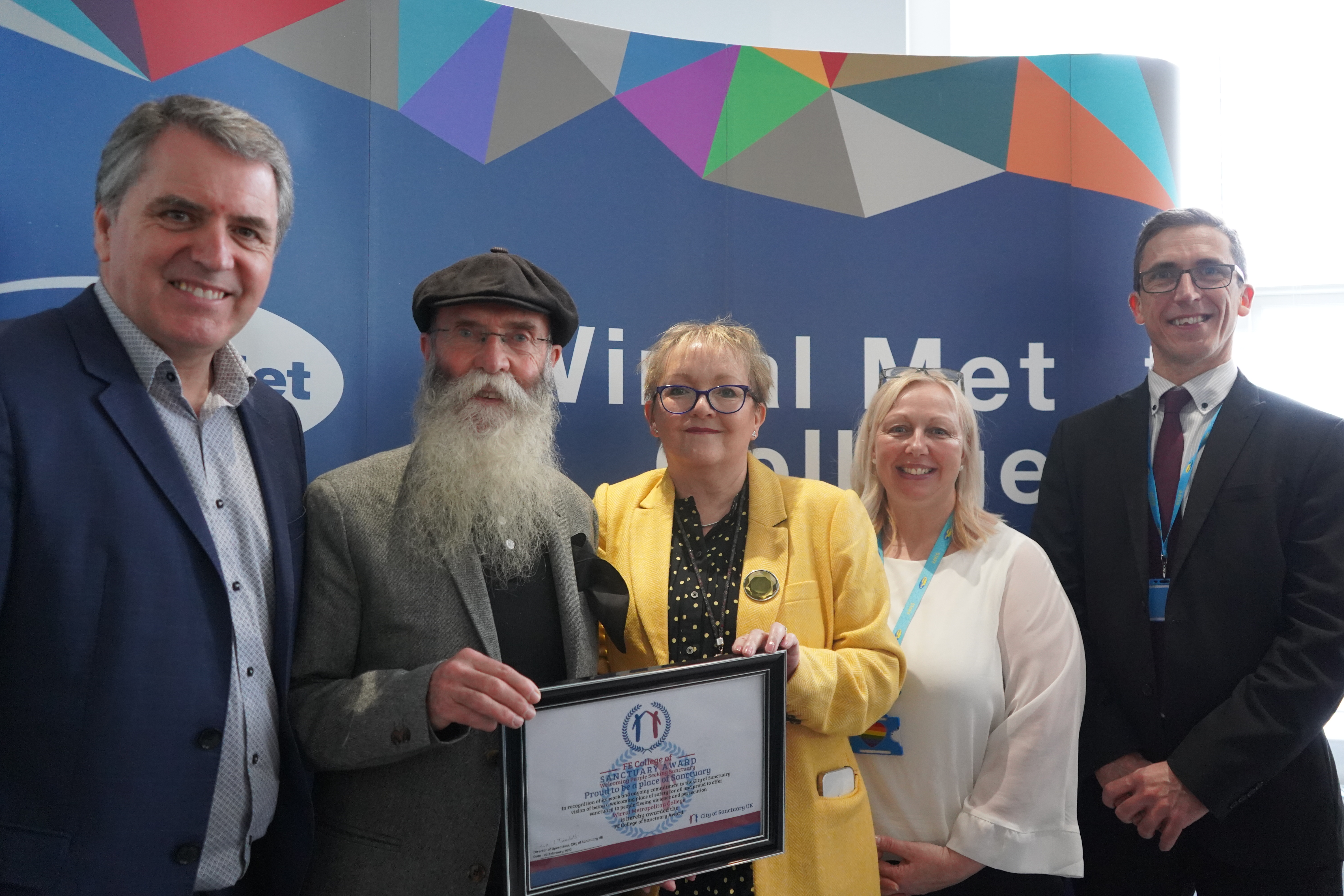 Mayor of the Liverpool City Region Steve Rotheram, Sue Higginson Principal of Wirral Met College, Jeff Morgan, Northwest College of Sanctuary UK Trustee, Nicky Taylor Head of ESOL and Ste Bailey Assistant Principal at Wirral Met College.