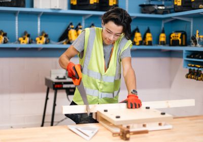 Wirral Met Construction student wearing a hi-vis jacket and safety glasses and holding a saw