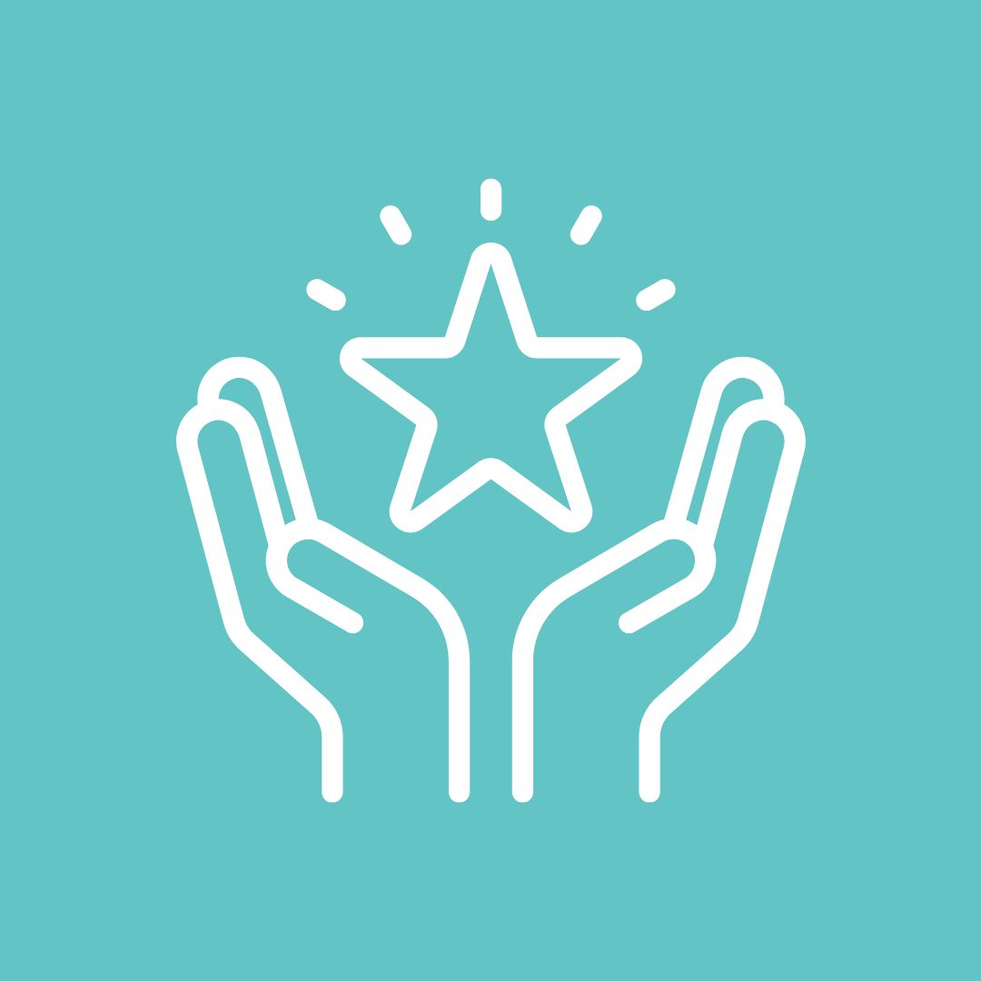 A graphic of a pair of hands with a star rising from the middle. It appears on a teal background. 